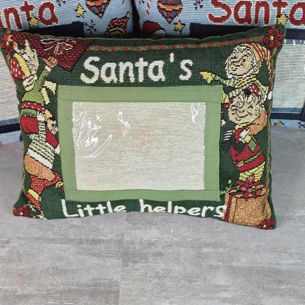 3 Santa's Christmas tapestry pillows Teddy Bear Elf clear picture Pocket 4x6 Vtg